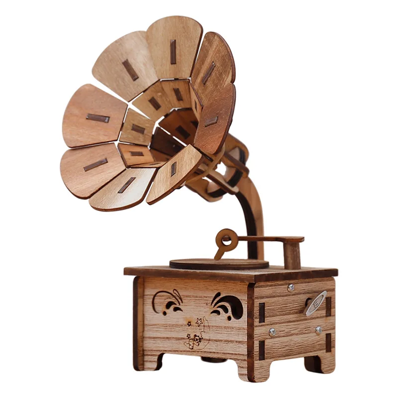 

Creative DIY Hand Cranked Wood phonograph ramophone Music Box Wooden puzzle Handmade assembled Kid Birthday Gifts Home decor