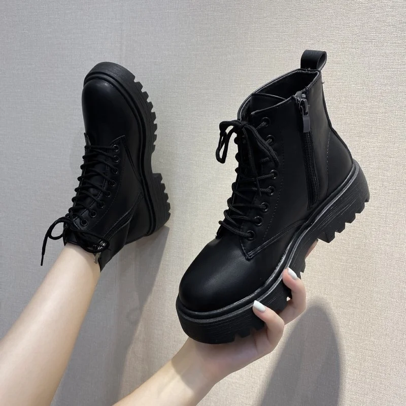 

Women's Faux Leather Platform Boots Lace-up Side Zipper Low Heel Ankle Boots British Style Black Martin Boots Platform Women