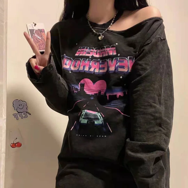 

HOUZHOU Goth T Shirt Long Sleeve Hollow Out Off Shoulder Tees Women Grunge Aesthetic Y2k Tops Streetwear Harajuku Clothes