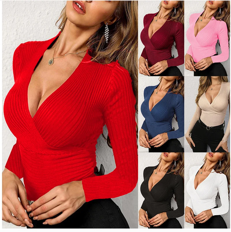 New Autumn and Winter Jacket Solid Color V-neck Sweater Long Sleeve T-shirt Women V Neck Sweater Pullover Pink Sweater