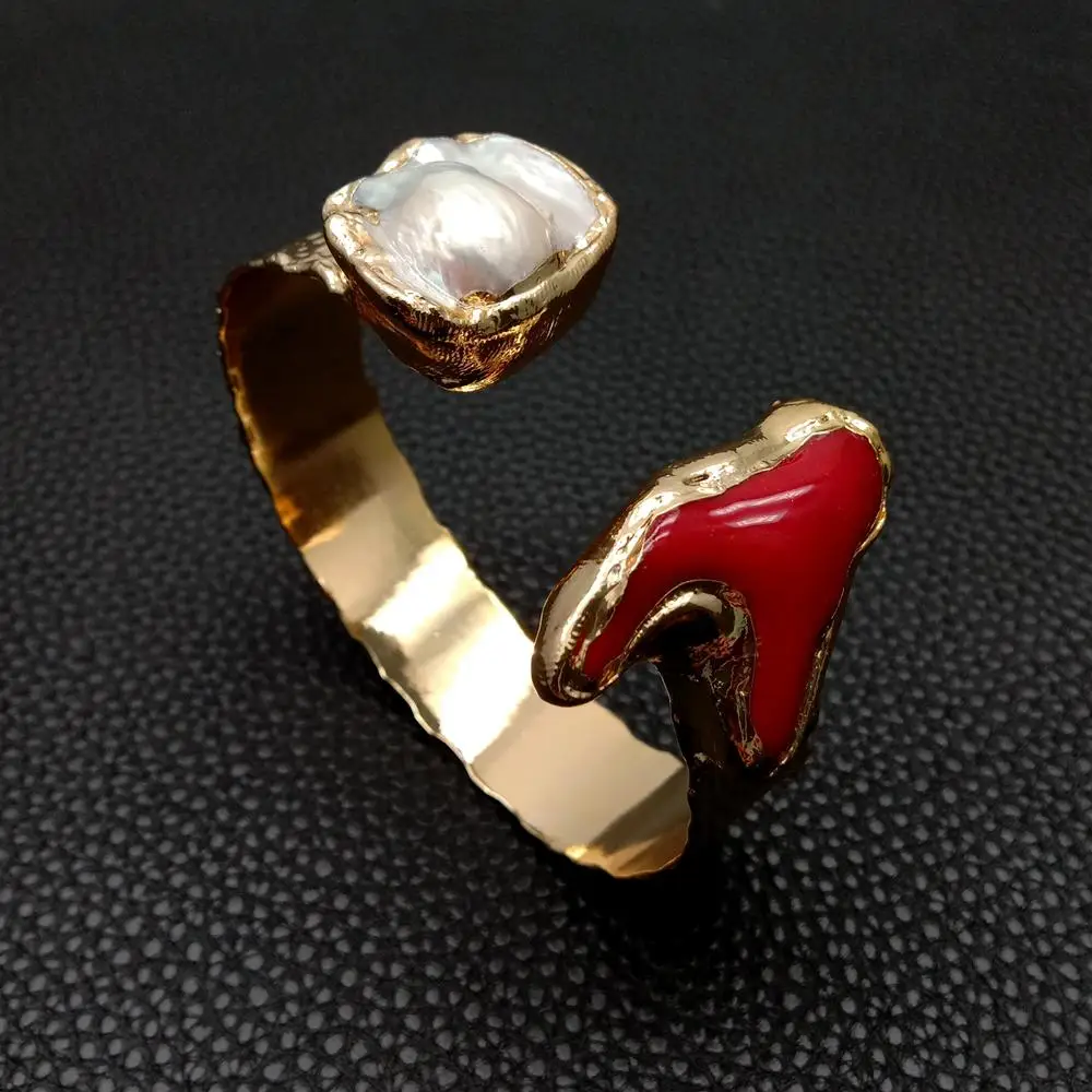 

YYING Red Coral Cultured White Keshi Pearl Bangle Adjustable Bohemian Vintage Style Jewelry