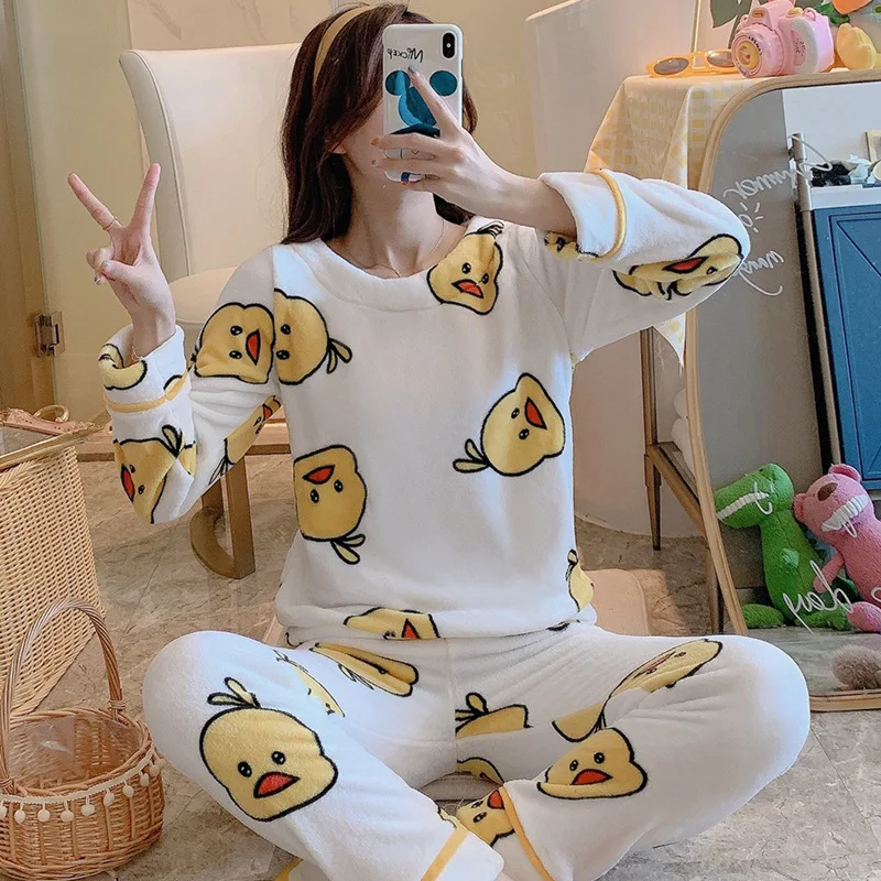 

Cartoon Sleepwear Set Flannel Womens Winter Negligee Kawaii Pajamas for Teen Girls Plus Size XXL Pyjamas Plants Lingerie Pijamas