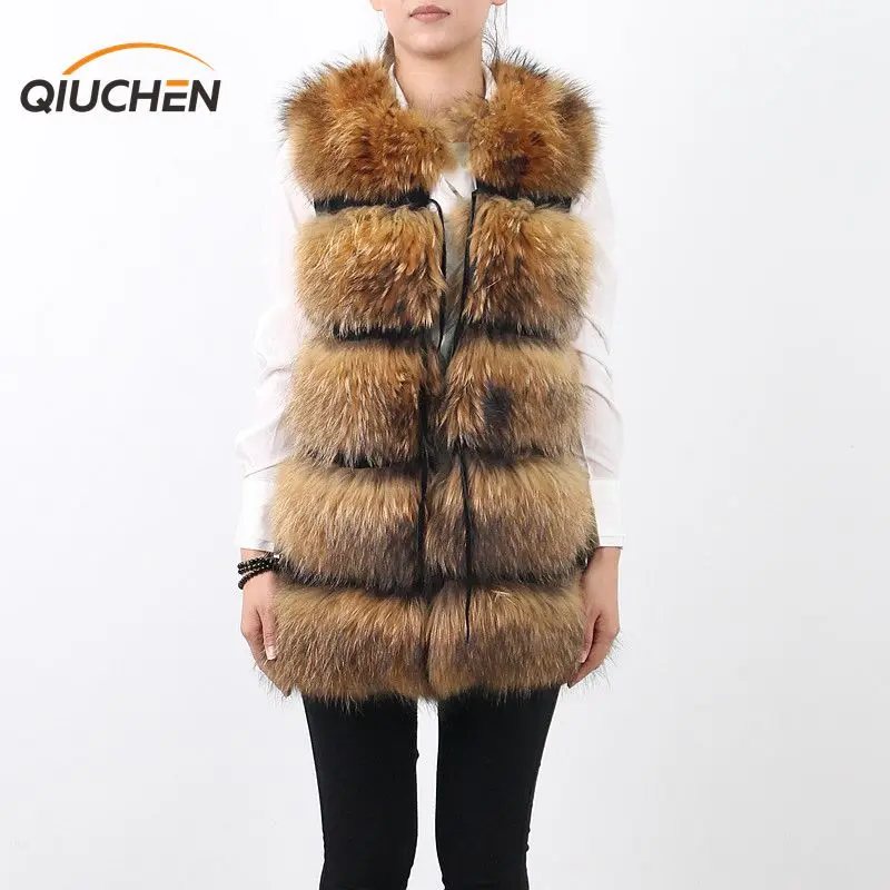 QIUCHEN PJ8050 Новинка года, Женская длинная куртка из натурального меха енота, кожаная куртка без рукавов