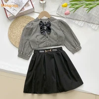 toddler kids baby girls autumn long sleeve plaid bow top shirts solid belt skirts chidlren fashion clothes set 2pcs 2 9y