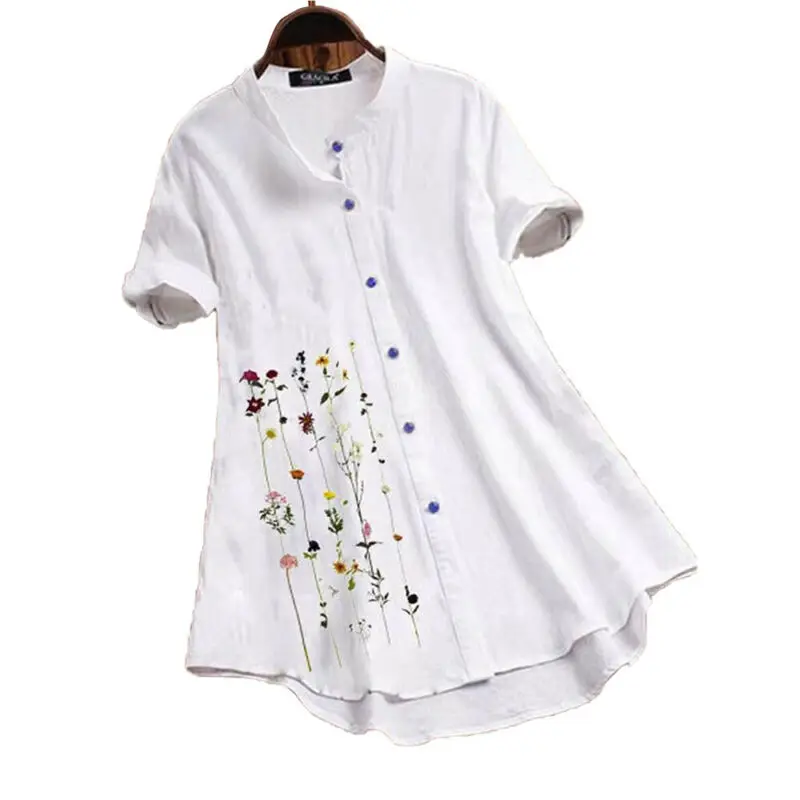 

Women Crewed Neck T-Shirt Casual Loose 2021 Fashion Summer Button Single Breasted Female Flowers Printed Top Short Sleeve Tees