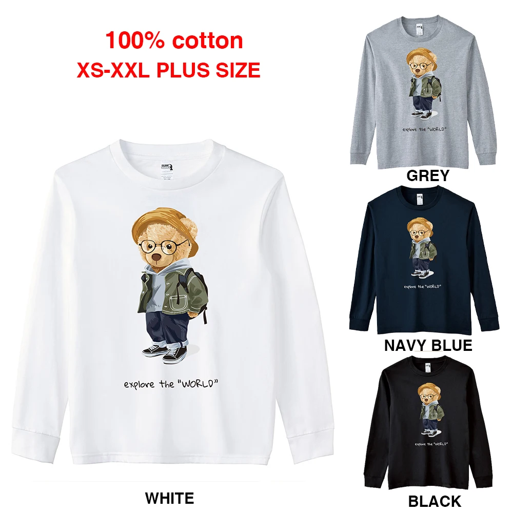 

BLINGPAW Spring/Autumn Teddy Bear explore the world Graphics Unisex Long Sleeve T-Shirt O-Neck Tops Casual 100% Cotton