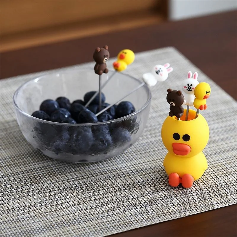 

Fruit Fork Cute Cartoon Duck Rabbit 6pcs in one holder Stainless Steel Fork Kids Dessert Fork Party Kitchen Tableware Decoration