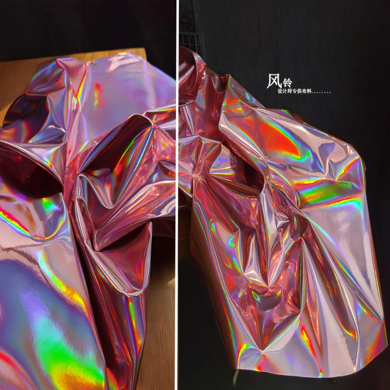 

Pink Faux Leather Fabric Rainbow Reflective Waterproof DIY Patches Bag Jacket Coat Stage Decor Clothes Designer Fabric