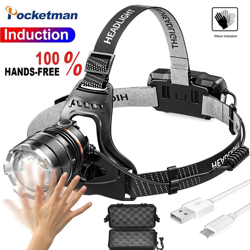 

Zoomable LED Waterproof Headlamp Motion Sensor Rechargeable Head Torch 90° Rotatable Adjustable Runners Fishing Camping