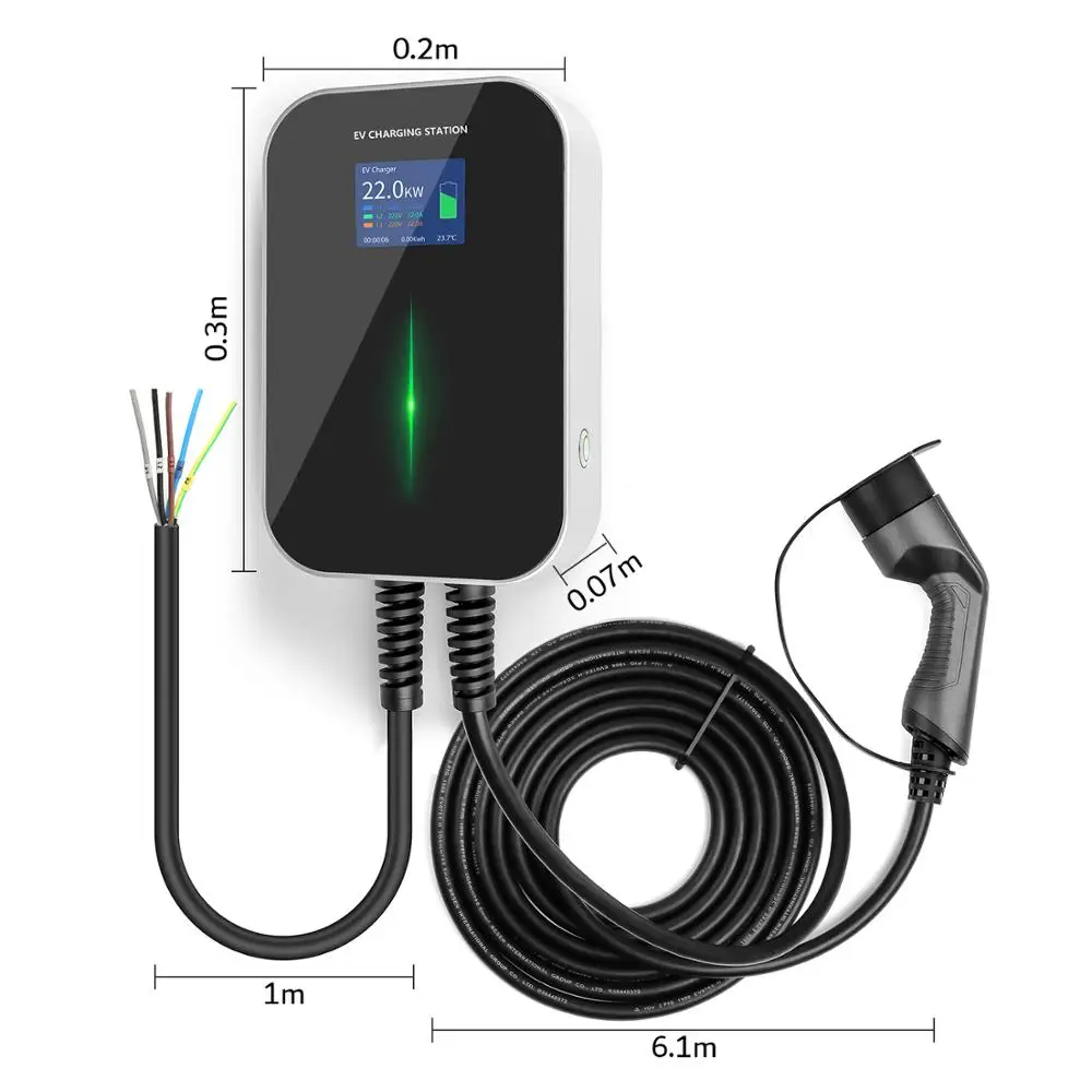 EV зарядное устройство 32A 3-фазная EVSE Wallbox зарядная станция с кабелем типа 2 IEC 62196-2 22
