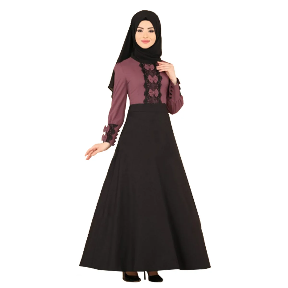 

Mandylandy Muslim Casual Long Sleeve Lace Stitching Dress Women's Fashion Nation O-Neck Slim High Waist Dress Arab