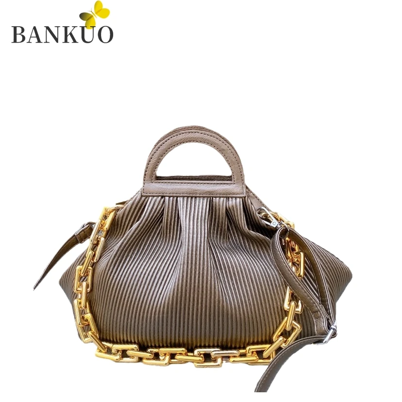 

BANKUO Pleated Womens Bags 2021 Spring New Leather Handbag Thick Chain Cloud Bag Fashion Solid Shoulder Bags for Women X412