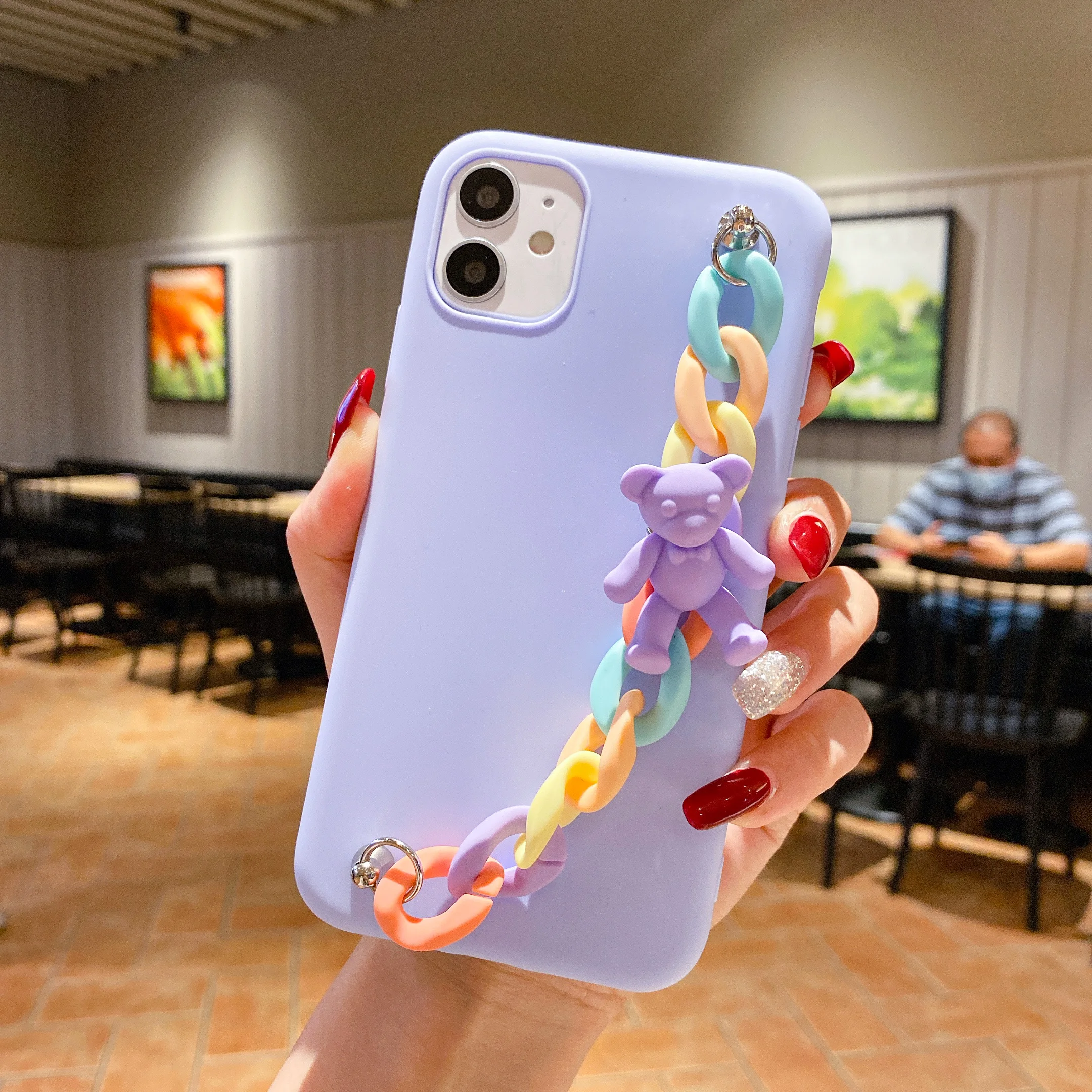 

For iPhone 11 12 Pro 8 7 Plus 6 6S Soft TPU Back Cover For iPhone XR XS MAX X Cute 3D Cartoon Candy Bear Wrist Chain Phone Case