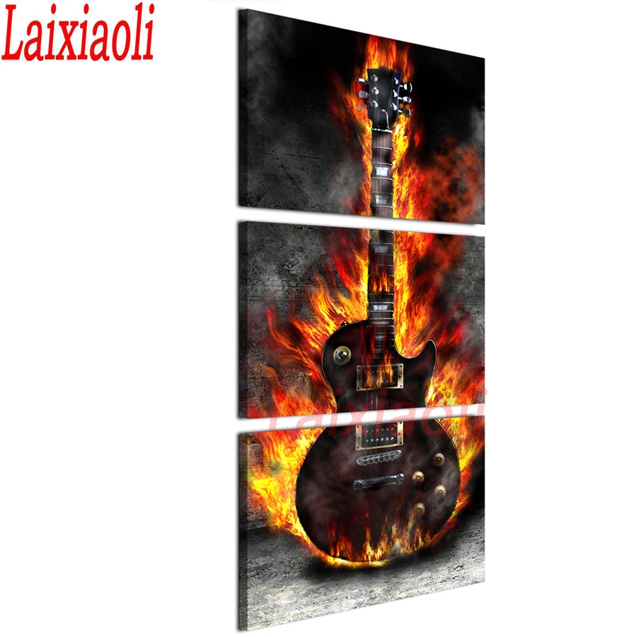 

5d square round stones full diamond embroidery 3 Pcs Burning Guitar Rock Electric Music diamond painting mosaic hobby icon decor