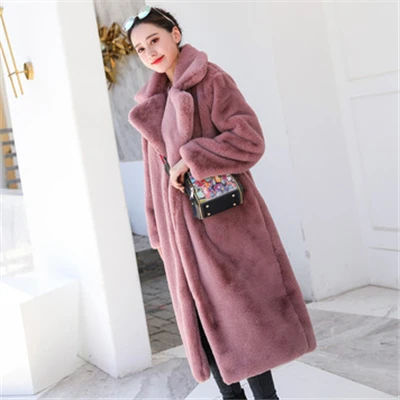 Leather Pink Новая зимняя Женская Высококачественная шуба из искусственного меха кролика Роскошная длинная шуба Свободное пальто с отворотом толстые теплые плюшевые пальто больших размеров - Цвет: Leather Pink