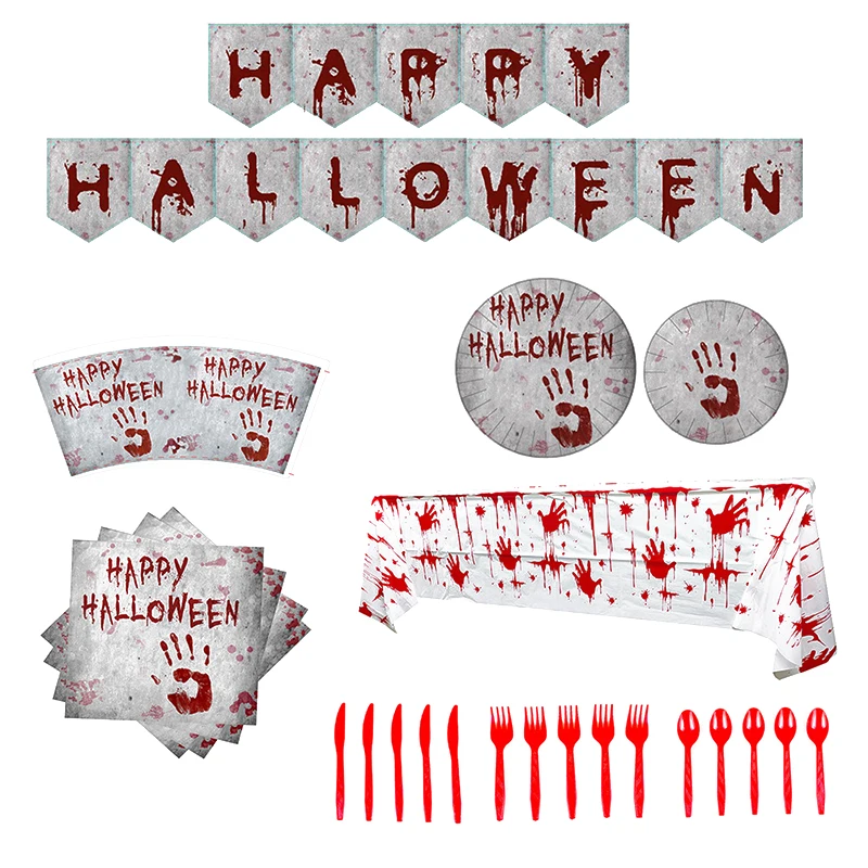 

Happy Halloween Disposable Tableware Set Accessories Halloween Decorations for Home Horror Party Supplies Plates Cups Tablecloth
