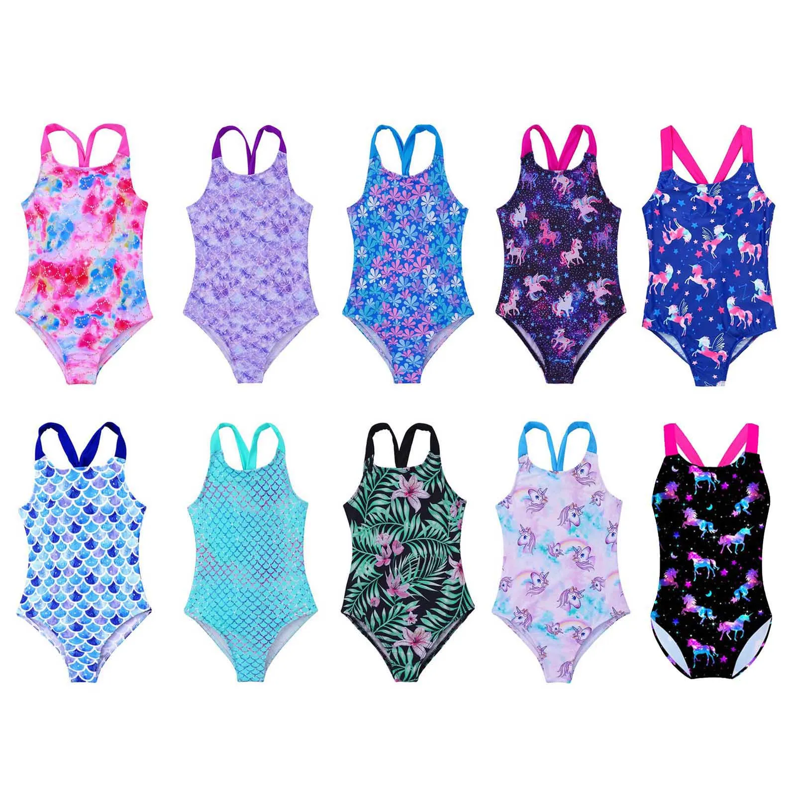 Girls One-Piece Swimsuit Sleeveless Wide Shoulder Straps Pattern Printing Bodysuit Children Swimwear Beach Surfing Bathing Suits