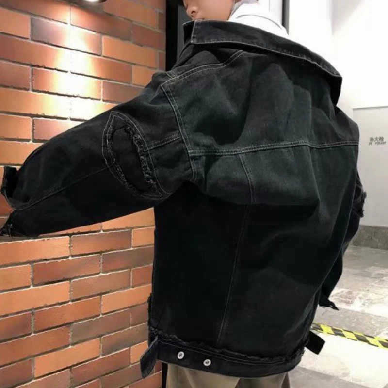 

Men Jackets Denim Solid Summer Korean Style Pockets Holes 3XL Oversize High Quality Mens Teens Streetwear Chic Ulzzang Harajuku