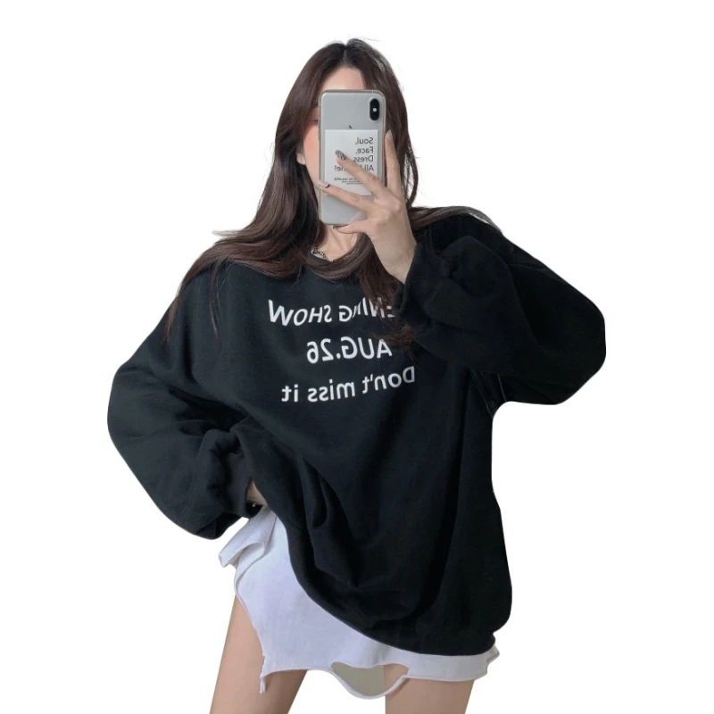 

Women Letter Print Oversized Hoodie O-neck Long Sleeve Sweatshirt Fashion Ladies Streetwear Slouch Pullover Jumper Tops