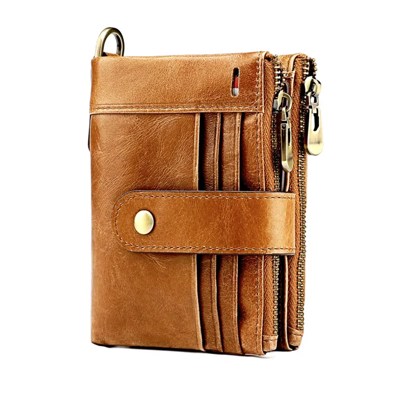 

Zipper Vintage Purse Crazy Horse Leather Pocket Short Wallet Multi-card Genuine Leather RFID Chain Wallet Anti-theft Coin Purses