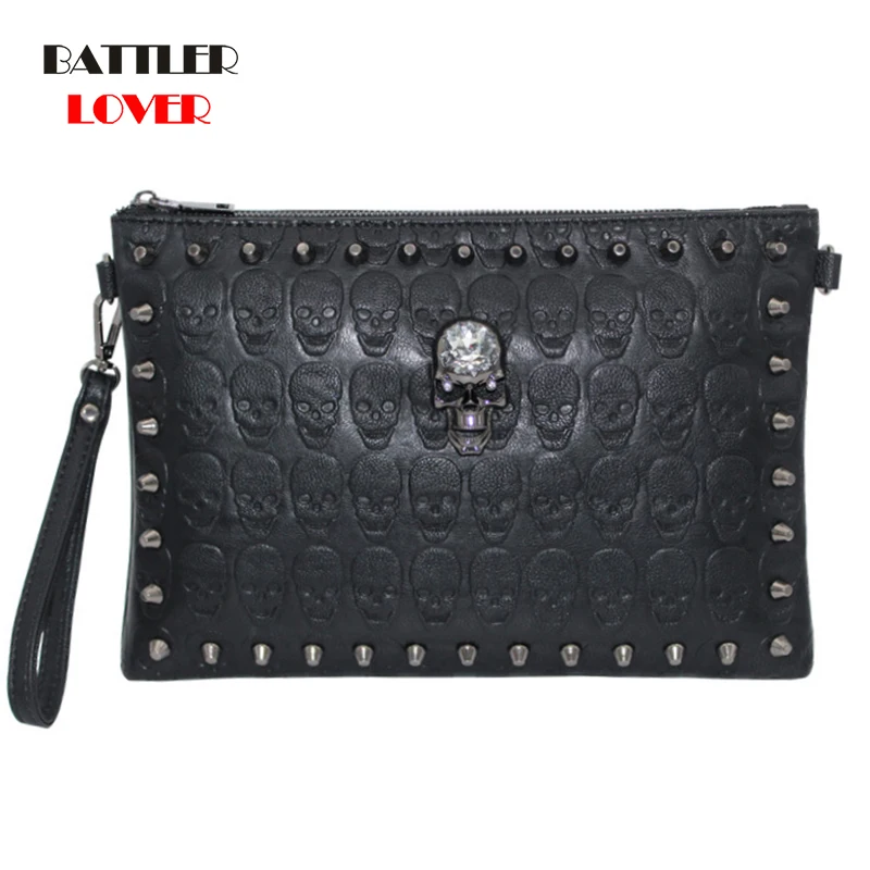

New Clutch Bags For Women 2021 Men Skull Rivet Design Envelop Flaps Female Punk Style Handbags Lady Motorcycle Fashion Sarchels