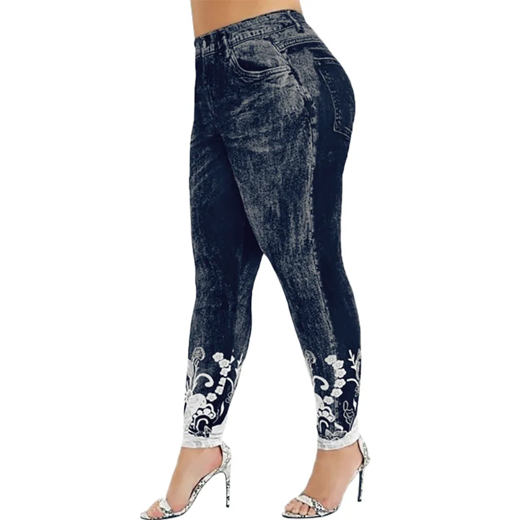 

Женские леггинсы, имитация джинсов, цветочный принт, эластичная талия, брюки-карандаш, джеггинсы, джеггинсы, женские спортивные брюки, брюки