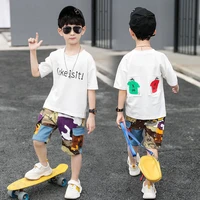 4 14t boys clothes summer set 2021 new o neck short sleeve fashion patchwork letters print clothing suit high quality
