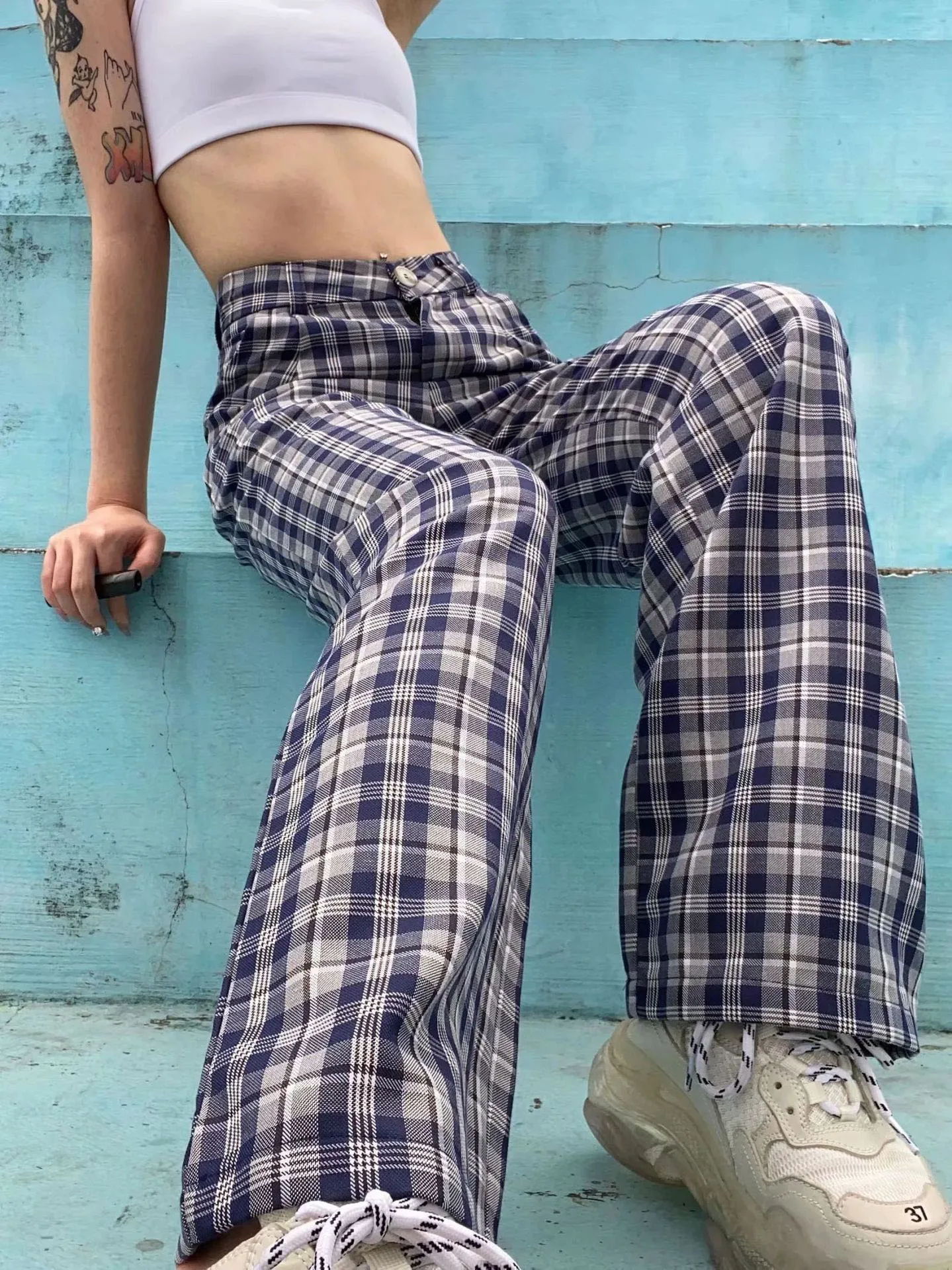 

High waist Plaid 2021 new summer women's pants thin suit loose wide leg straight fashion