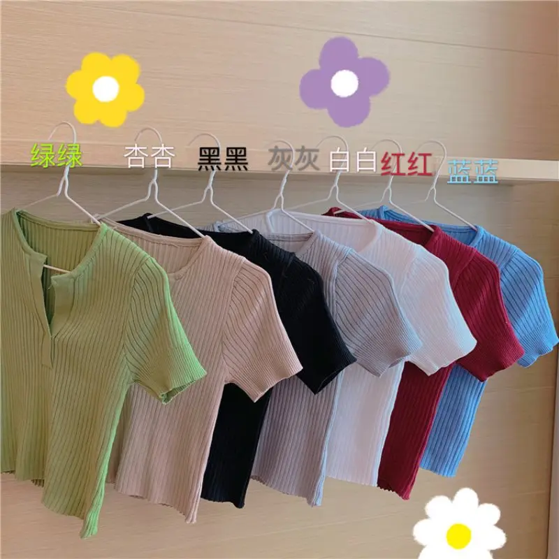 

Summer Basic Knit V Neck Women T Shirt Spring Ribbed Solid Color Pullover Tops Female Soft Short Sleeves Fashion T shirt