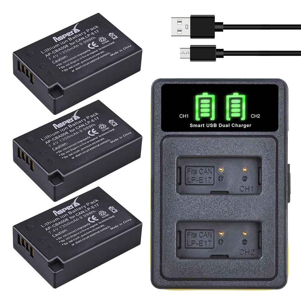 3 шт. 1350 мАч LP E17 светодиодный аккумулятор + встроенный USB двойное зарядное