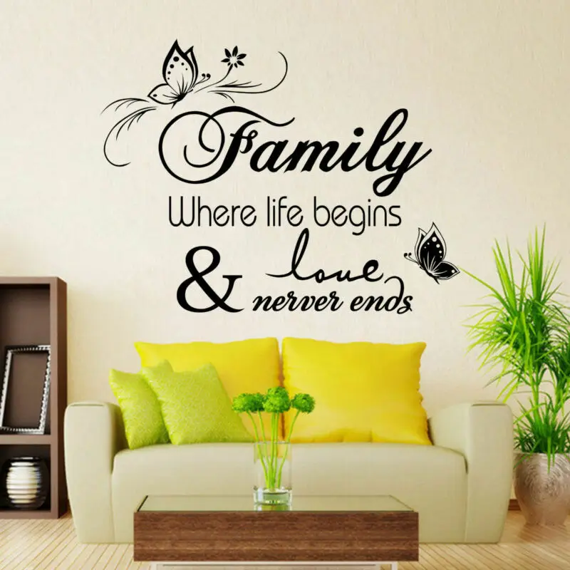 Элегантная буква Семья где жизнь начинается теплый стены Стикеры s Спальня