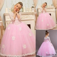 light pink flower girl dresses jewel neck lace appliqued ball gown 34 long sleeve girls pageant dress custom made kids formal
