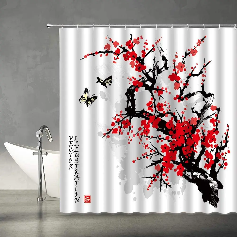 Занавеска для душа с цветами сливы традиционная азиатская Художественная ткань
