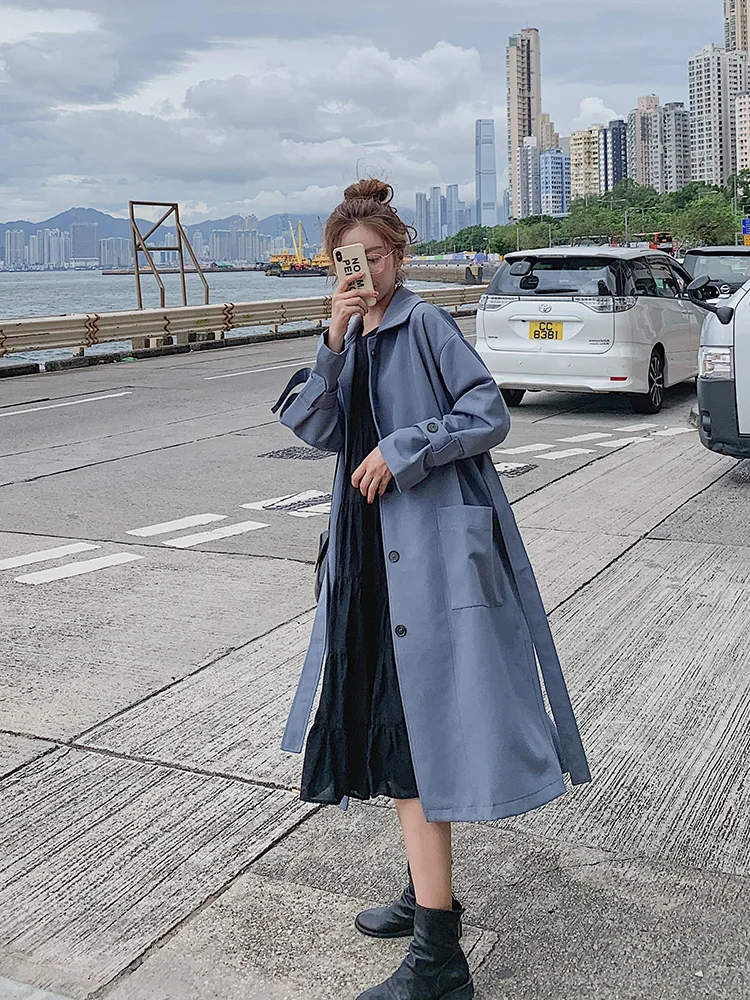 

Женский Длинный тренчкот в британском стиле, голубой тренчкот с длинным рукавом, свободная ветровка в Корейском стиле на весну и осень, 2023