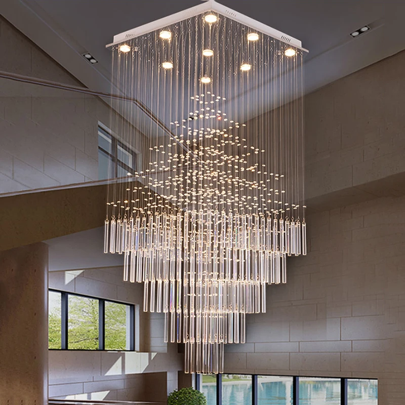 

Modern Ceiling Chandelier For Living Room Columnar Crystal Hanging Lamp Square Base Light Fixture Staircase Loft Cristal Lustre