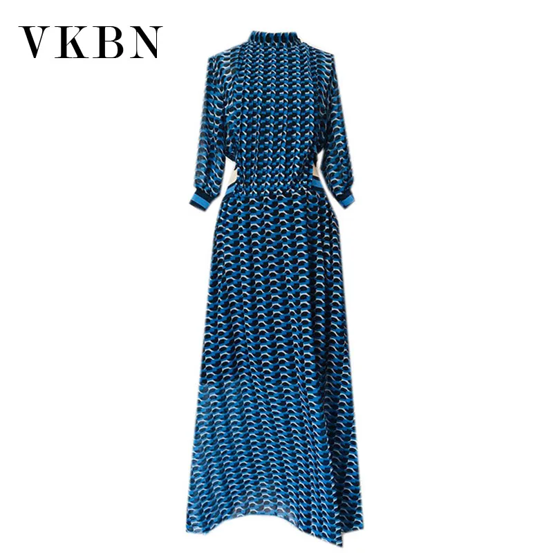 

VKBN Summer Dress Women Geometric Floral Print Ankle-Length Empire Mandarin Collar Fashion Hollow Out Sexy Dress