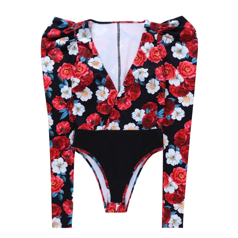 

Sexy Deep V Long Sleeve Bodysuit Women 2021 New Spring Autumn Printed Puff Sleeve Jumpsuit Ladies Flower Fashion Jumpsuit Top