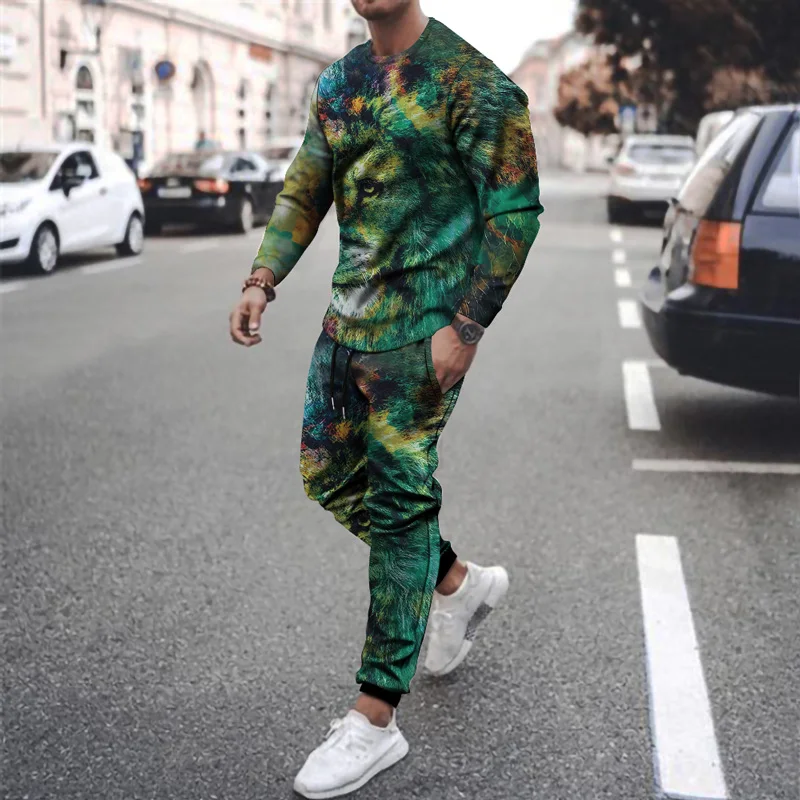 

2021 men's long-sleeved Casual And Comfortable O-neck Sportswear Running Fitness Suit New T-shirt + Trousers