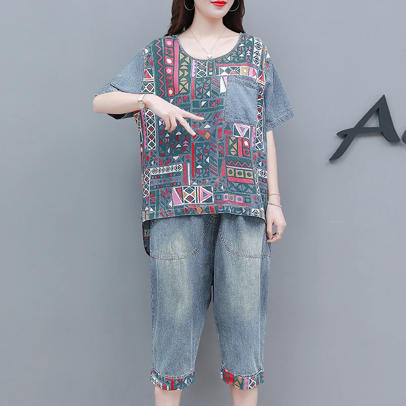 

Summer Clothes Set Woman Two 2 Piece Set Plus Size Pullover Denim Top and Jeans Pants Suit Female T-shirt Shorts Pants Outfits