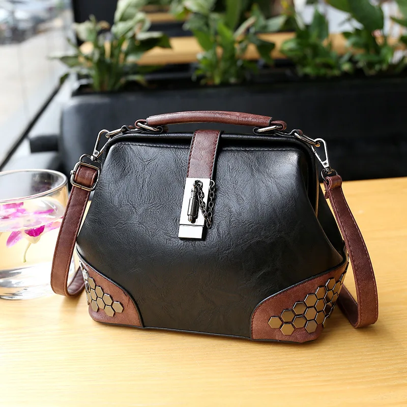 

New Fashion Retro Lock Single Shoulder Bag Women's Cross Body Rivet Medicine Bag Doctor's Bags