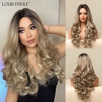 louis ferre long curly wavy hair ombre blonde synthetic wigs for black women heat resistant cosplay natural wigs with dark root