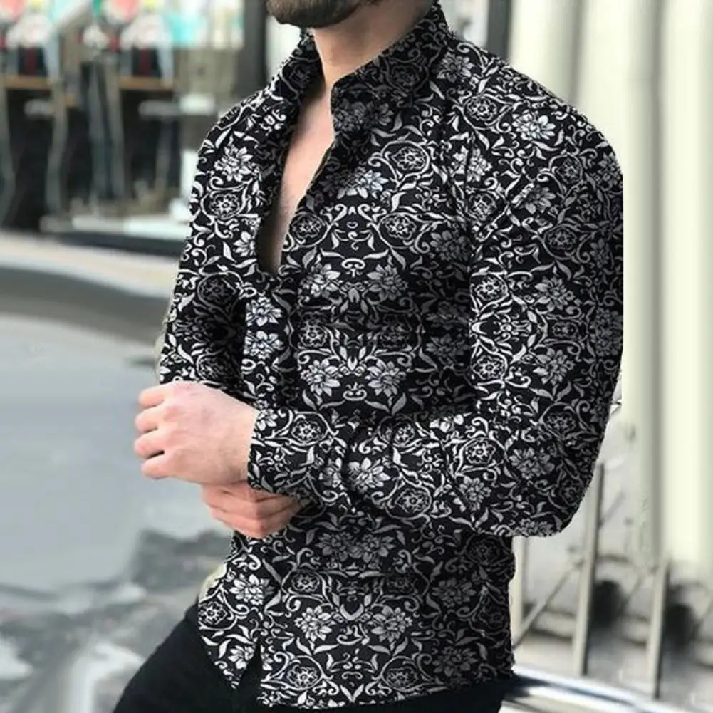 

Autumn Business Men Fashion Floral Print Slim Long Sleeve Shirt Top Nightclub Casual Clothing Men Comfort Soft Social Dress