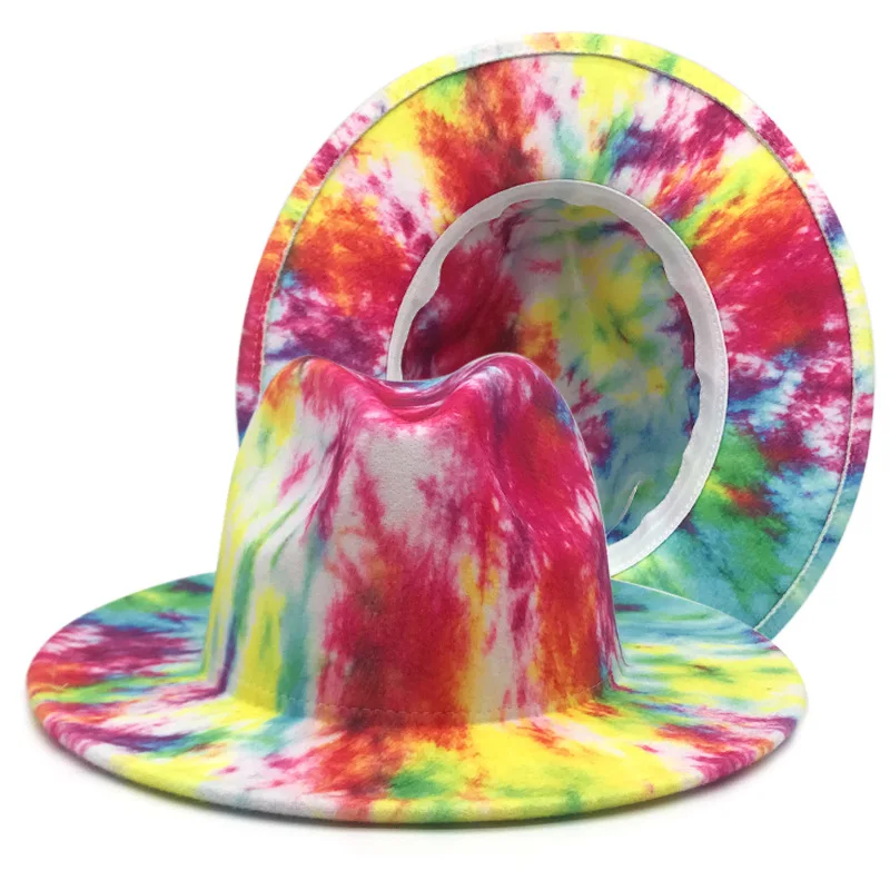 

2021 New Double Side Tie Dye Wool Felt Fedoras Hats Lady Winter Autumn Gentleman Elegant Wide Brim Blend Jazz Panama Trilby Caps