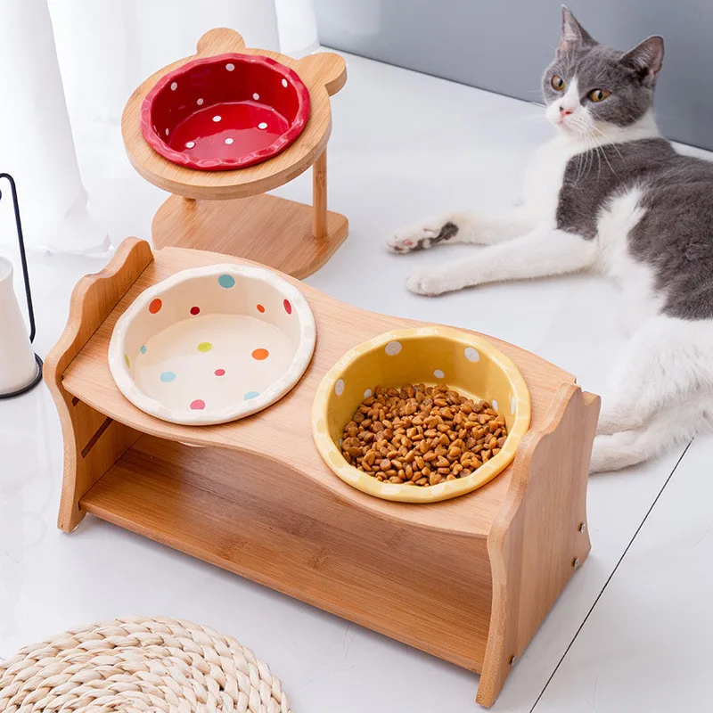 

Миска для кормления кошек из нержавеющей стали керамические миски для кормления и воды с бамбуковой рамой для собак и кошек блюдо для домаш...