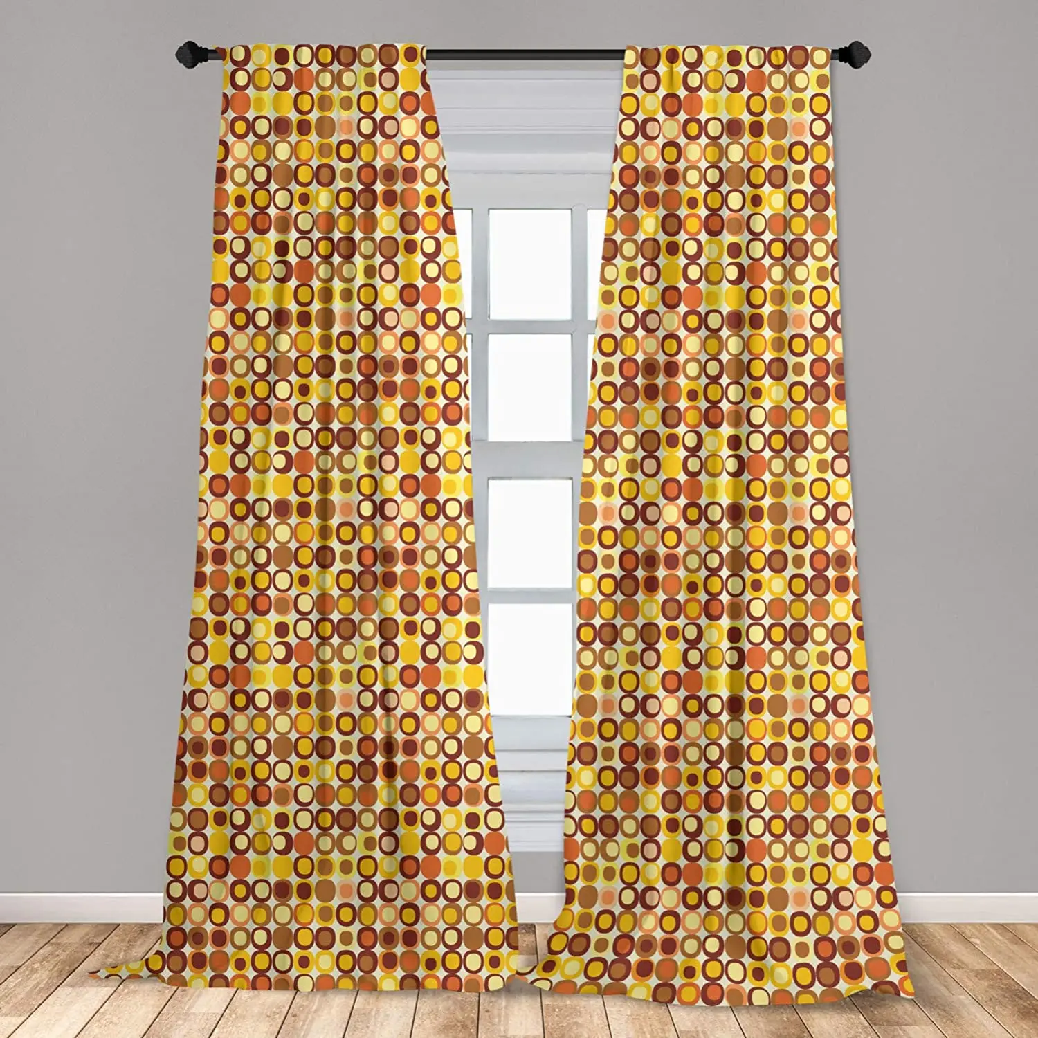 

Mid Century Curtains Retro-Themed Styled Round Edged Square Pattern in Old Earth Tones Window Drapes for Living Room Bedroom