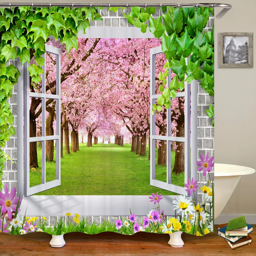 

3D window opening scenery Flower landscape Printing Shower Curtain Waterproof Washable Curtain Bathroom Decoration with hooks