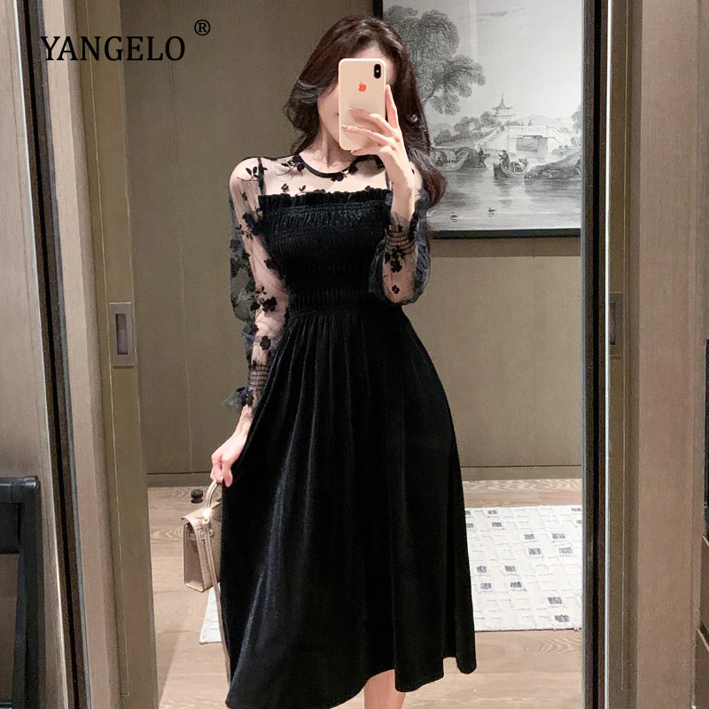 

Женское вельветовое платье Yangelo, черное облегающее платье-трапеция с круглым вырезом, длинным рукавом, зима 2020