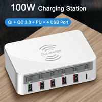 100w smart multi port usb hub charging station qi wireless charger for iphone xiaomi high speed qc3 0 type c pd charger phone