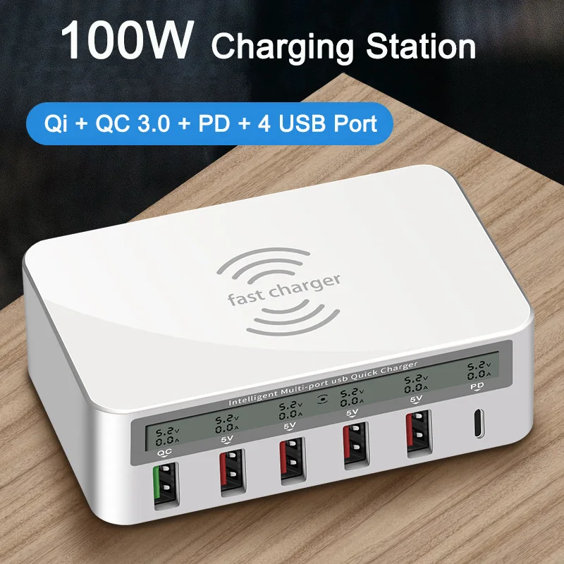 100 Вт PD Smart Multi-port usb-хаб зарядная станция QI Беспроводная зарядка Quick Charge 3 0 Type C