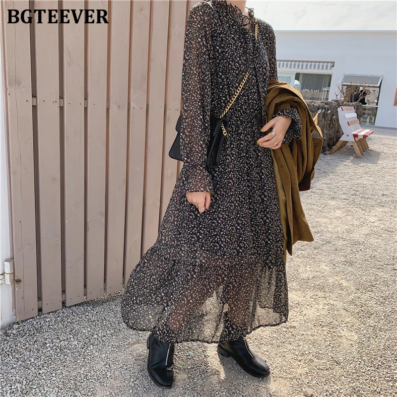 Женское винтажное шифоновое платье BGTEEVER ТРАПЕЦИЕВИДНОЕ с бантом на шее